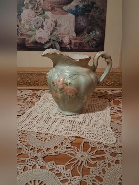 Hand-Painted Floral Porcelain Pitcher in Pale Green and Pink